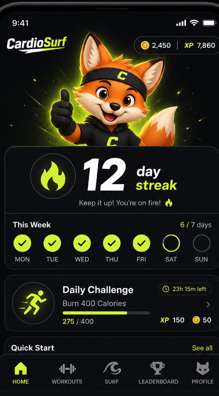The CardioSurf home screen showing a 12-day streak, the current week's completed days and today's daily challenge.