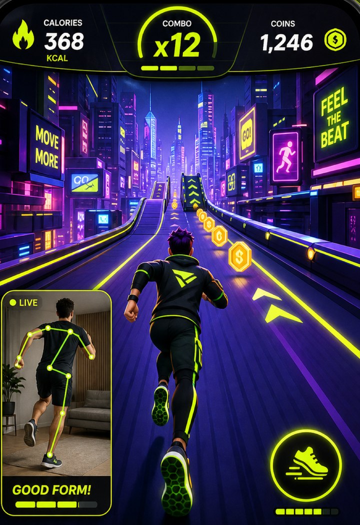 CardioSurf gameplay: a runner sprinting down a neon city track, with a live on-device pose-tracking preview showing the player's skeleton keypoints.