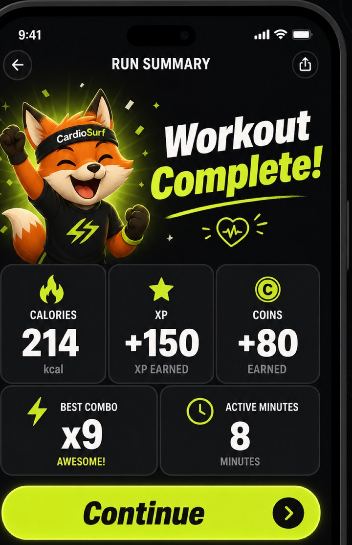 A CardioSurf run summary screen showing calories, XP earned, coins, best combo and active minutes.